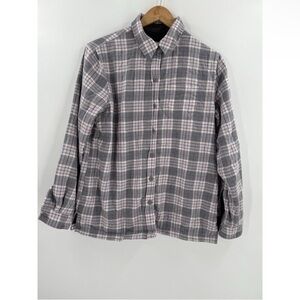 LL Bean Fleece Lined Flannel Shirt Jacket Gray Pink Plaid